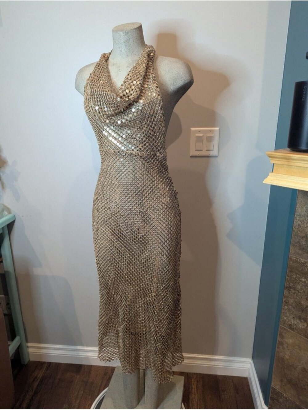 ZARA Gold Sequin Mesh Halter cowl neck open back Midi Maxi Dress EUC Size XS - Picture 8 of 16
